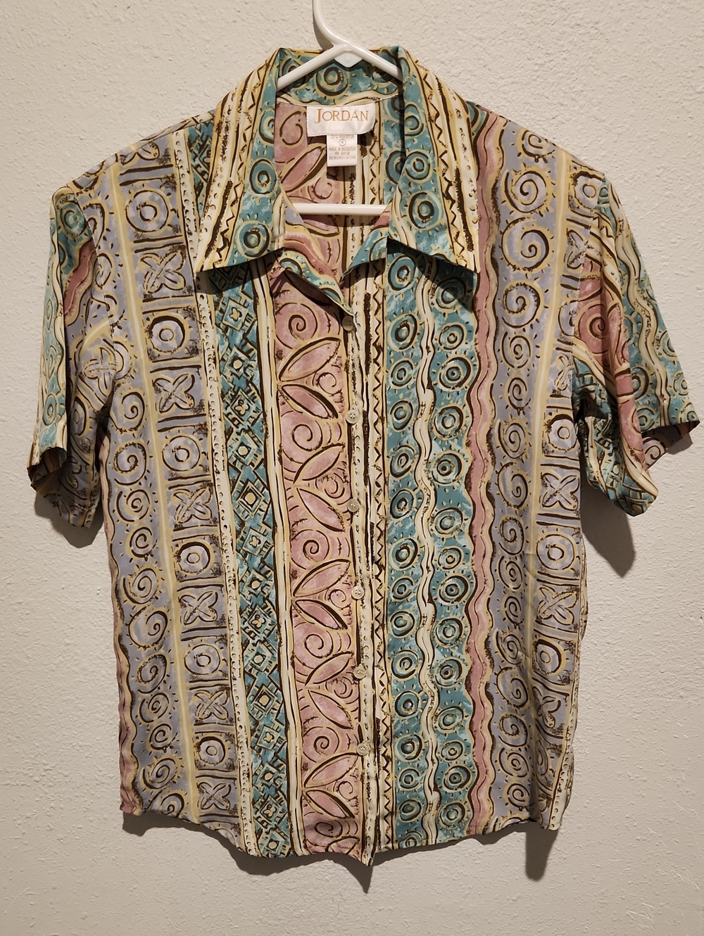 Vintage Jordan Tribal Aztec Print Button Down Blouse | Padded Shoulders | Size M